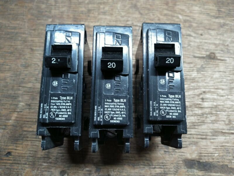 (Lot of 3) Siemens ITE BL120H Type BLH Circuit Breaker 20Amp 120/240VAC Tested