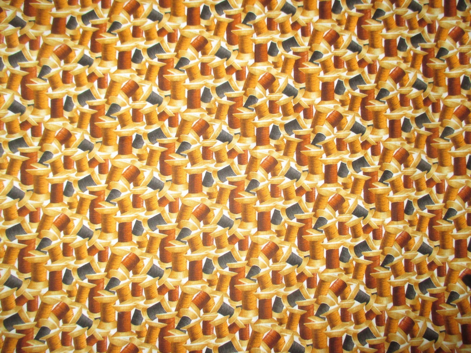 SEWING Vintage BROWN BLACK SPOOLS Of THREAD On WHITE 1970's COTTON Fabric-1 yd