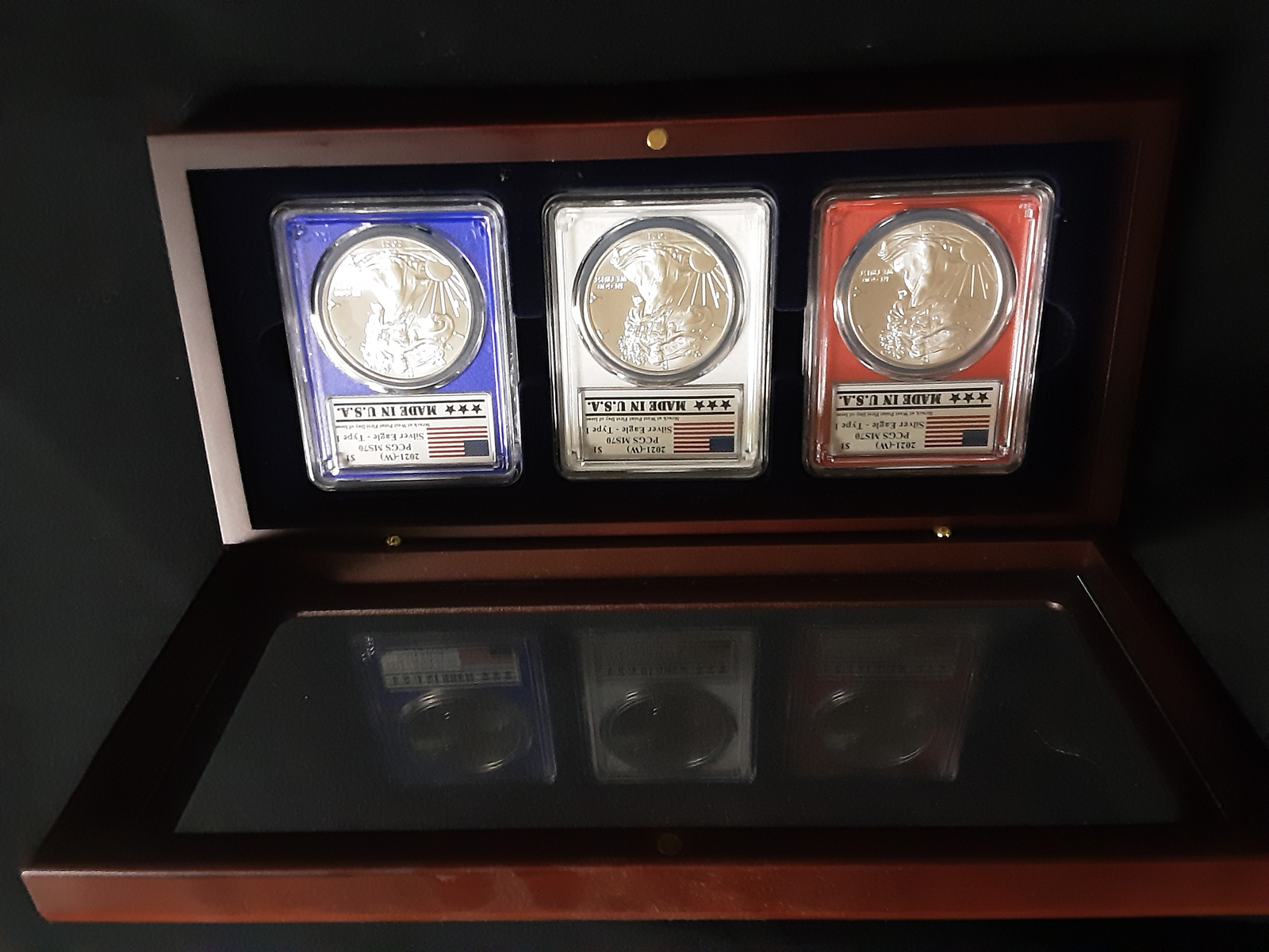 3 Certified PCGS NGC Slab Coin Wood Box w/ Glass Lid Safe Storage