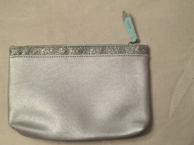 IPSY Silver Cosmetic Bag Glitter Edge Zipper Closure EUC