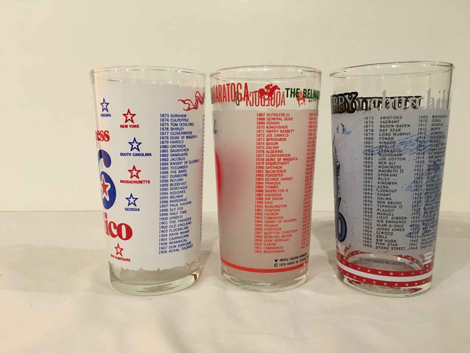 1976 Belmont Stakes, Preakness, and Kentucky Derby Glasses