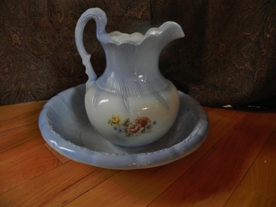 Vintage decorative Water Pitcher and Wash Bowl Basin Raised open rose green leaves and branch Scalloped edges with God Bless Our Home