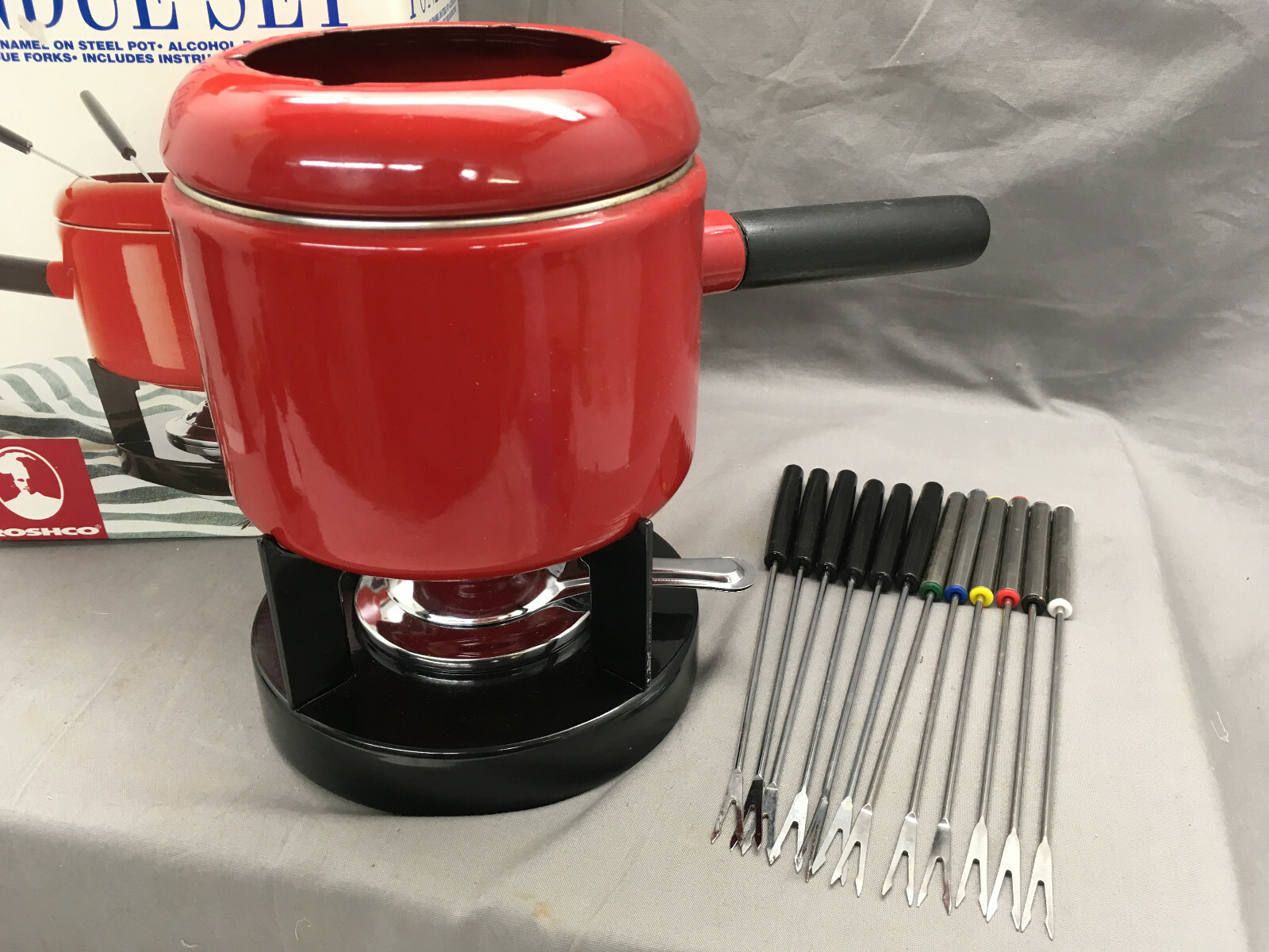Roshco Fondue Set EUC Porcelain Enamel on Steel Pot Red