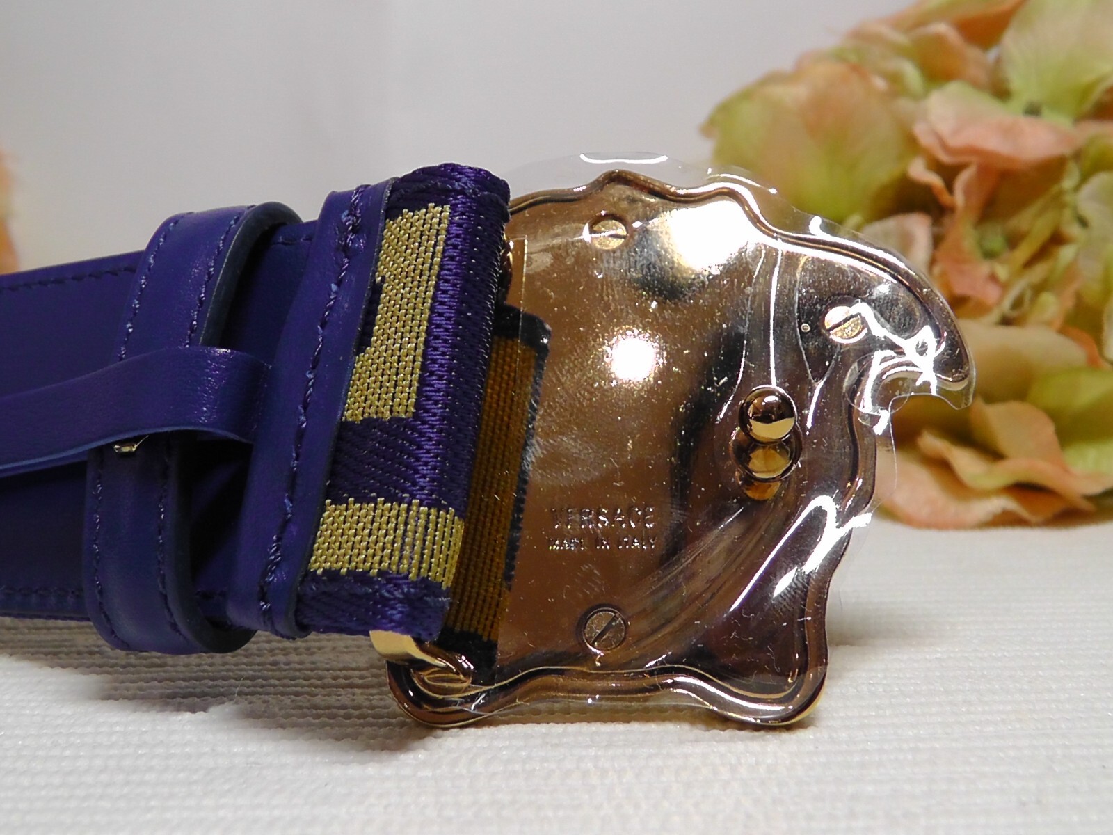 Pre-owned Versace Men's La Medusa Blue / Gold Web Belt Size 95cm Or 37 Inches$495nwt