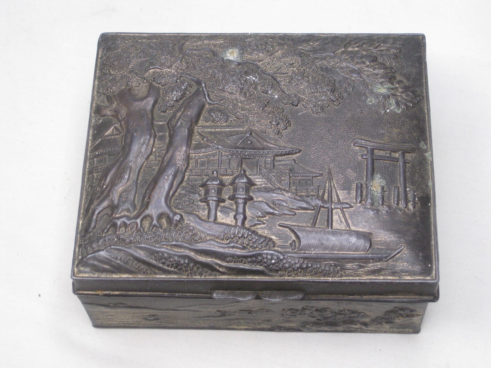 vintage Japanese box detailed metal pagoda tree Japan scene vintage Japanese box detailed metal pagoda tree Japan scene