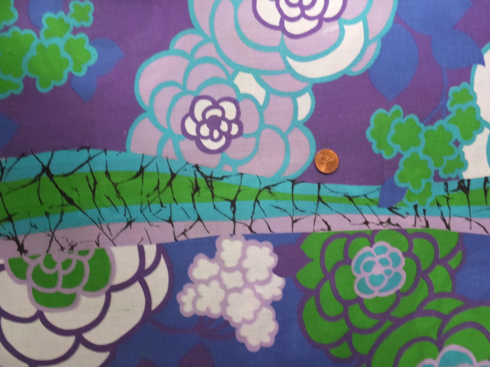 VINTAGE 1960's AQUA BLUE PURPLE LAVENDER GREEN FLORAL ABSTRACT ART COTTON FABRIC