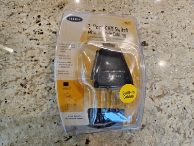 BELKIN 2 Port KVM Switch w Built in Cabling PS/2 F1DK102P New Sealed Package 
