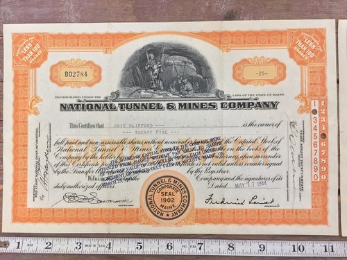 2X National Tunnel & Mines Company Mining Stock Certificate Maine 1944 1946