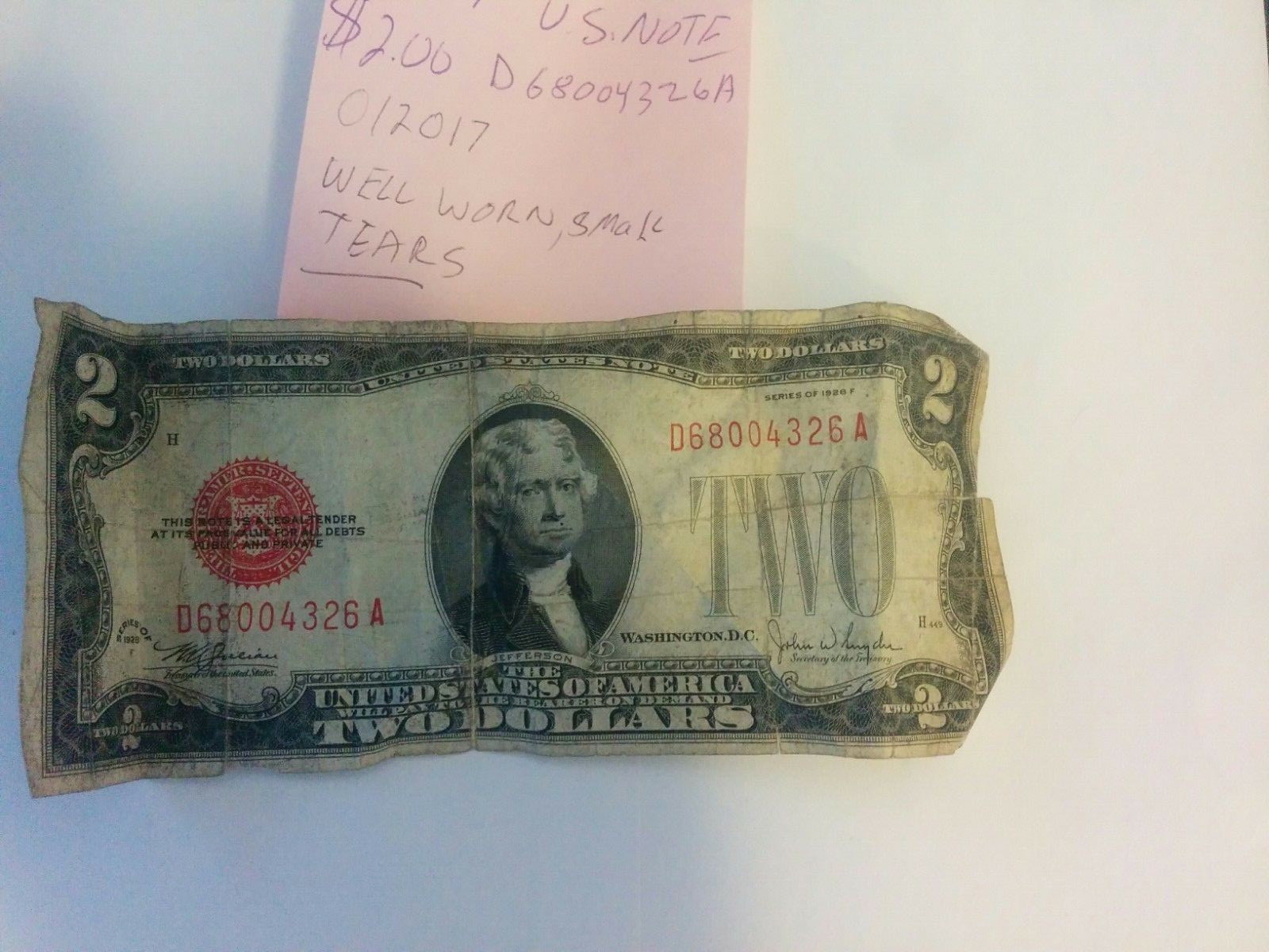 1928F UNITED STATES  NOTE $2.00   WELL WORN 012017