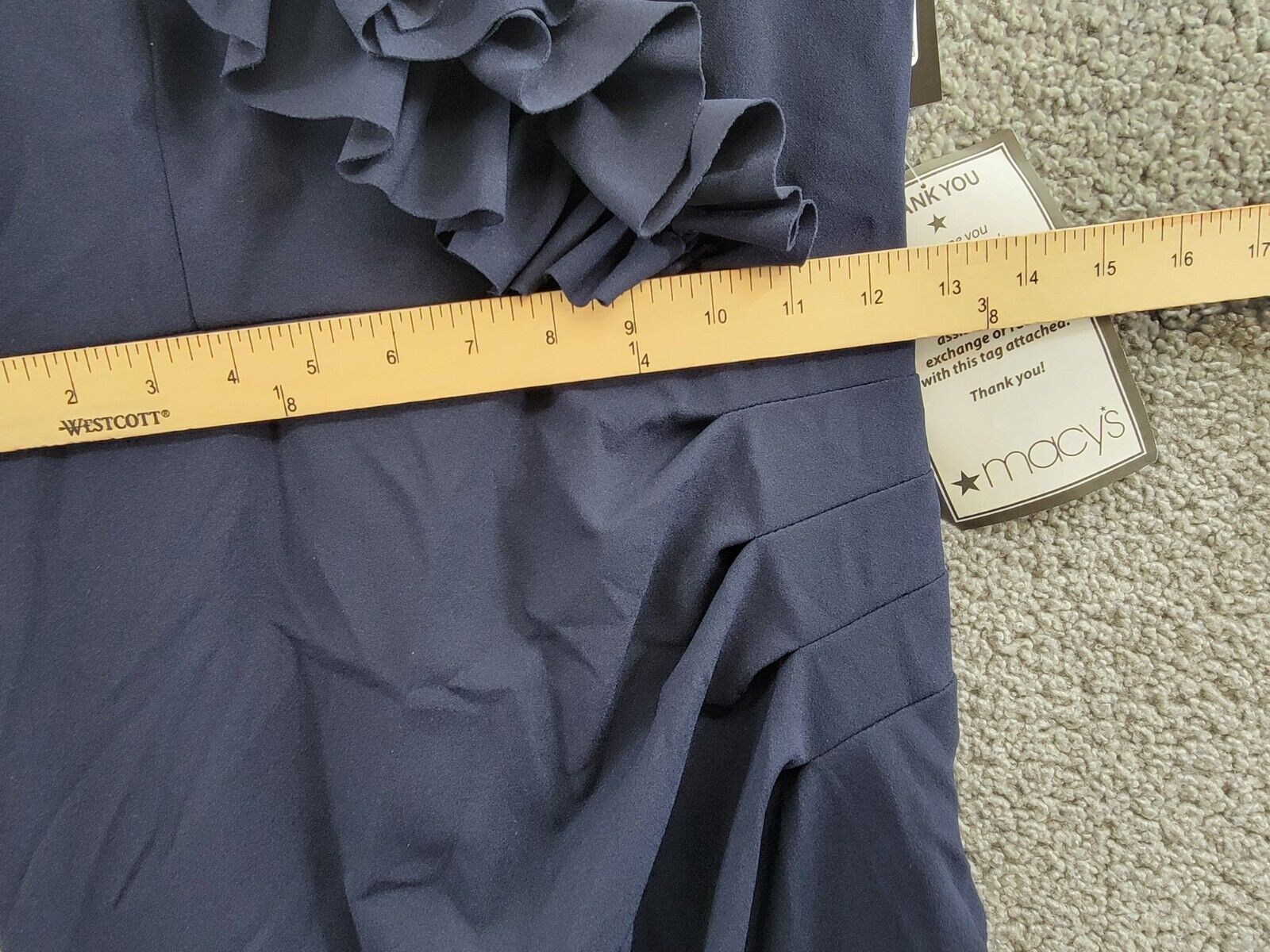 XSCAPE Ruffled-V-Neck Sleeveless Ruched Gown Women's 4 Navy Back Zip Closure - Picture 6 of 15