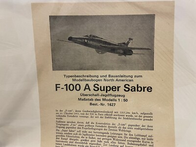 Vtg  Paper Model Kit Plane F-100A Super Sobre Jade-Verlog Wilhelmshaven