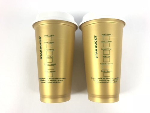 Starbucks Reusable Gold Shimmer Cup Set Of Two 16 Oz 2018 Limited Edition NEW