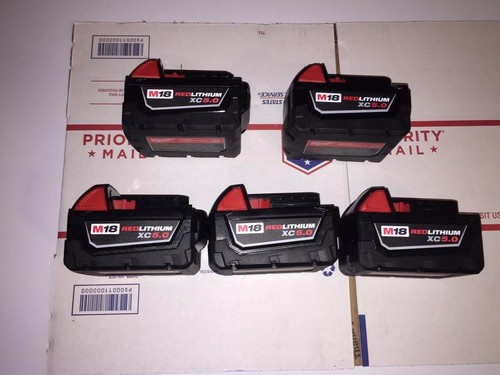 (5) AUTHENTIC MILWAUKEE M18 RED LITHIUM XC 5.0 BATTERIES 48-11-1850