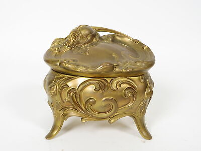 Vintage Brass Jewelry Trinket Vanity Boudoir Box Ornate Gold Art Nouveau Textured  Red Velour Lining
