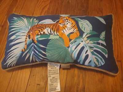  Tiger Lumbar Pillow  Allen + Roth   Blue Tropical Palm Leaf Jungle Print New 