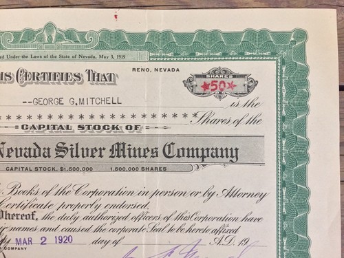 Cactus Nevada Silver Mines Company Mining Stock Certificate Nevada 1920
