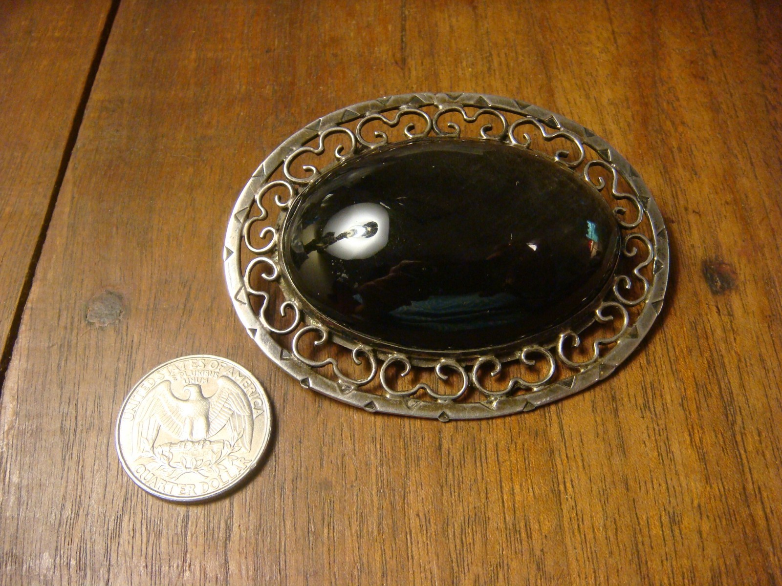 Vtg Mrkd Brooch/Pendant~40x60mm Silver Sheen Obsidian in Sterling Silver Setting