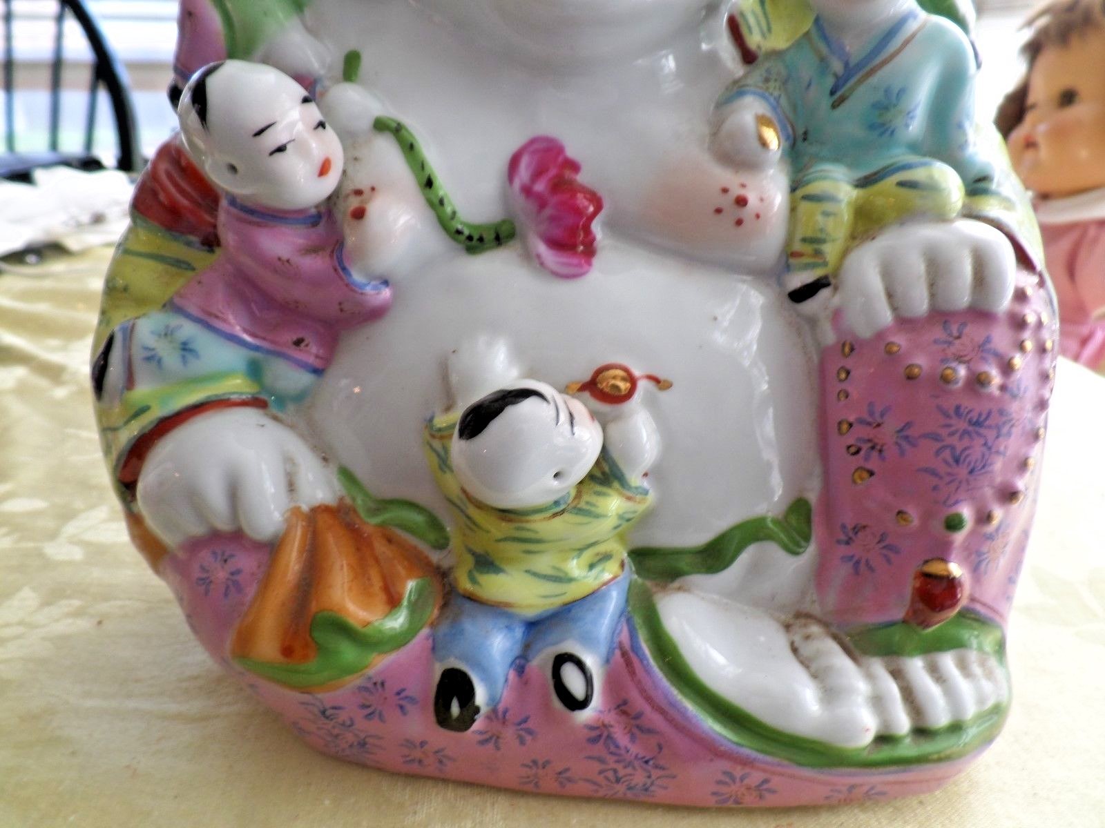 Vintage Chinese Porcelain Laughing Buddha Figure w/ 5 Children