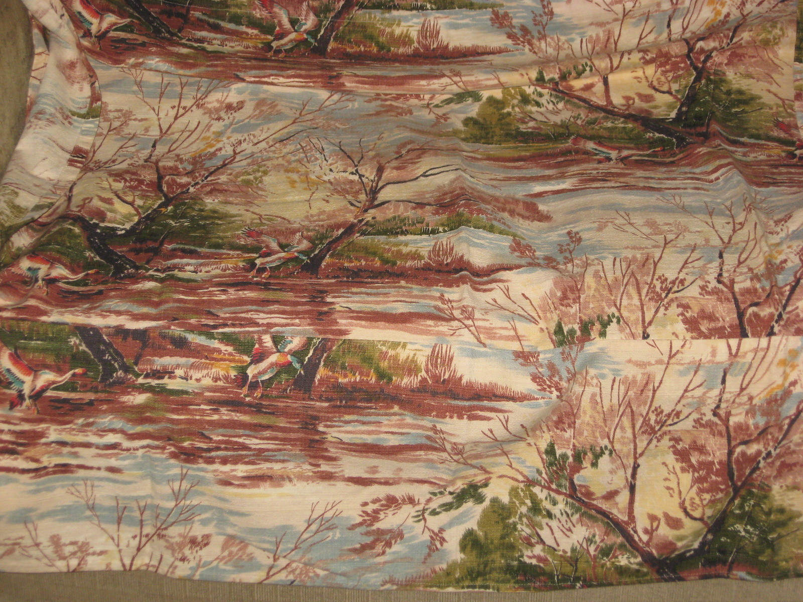 Vintage Antique Bark Textile Cloth Drapes Curtains - Ducks