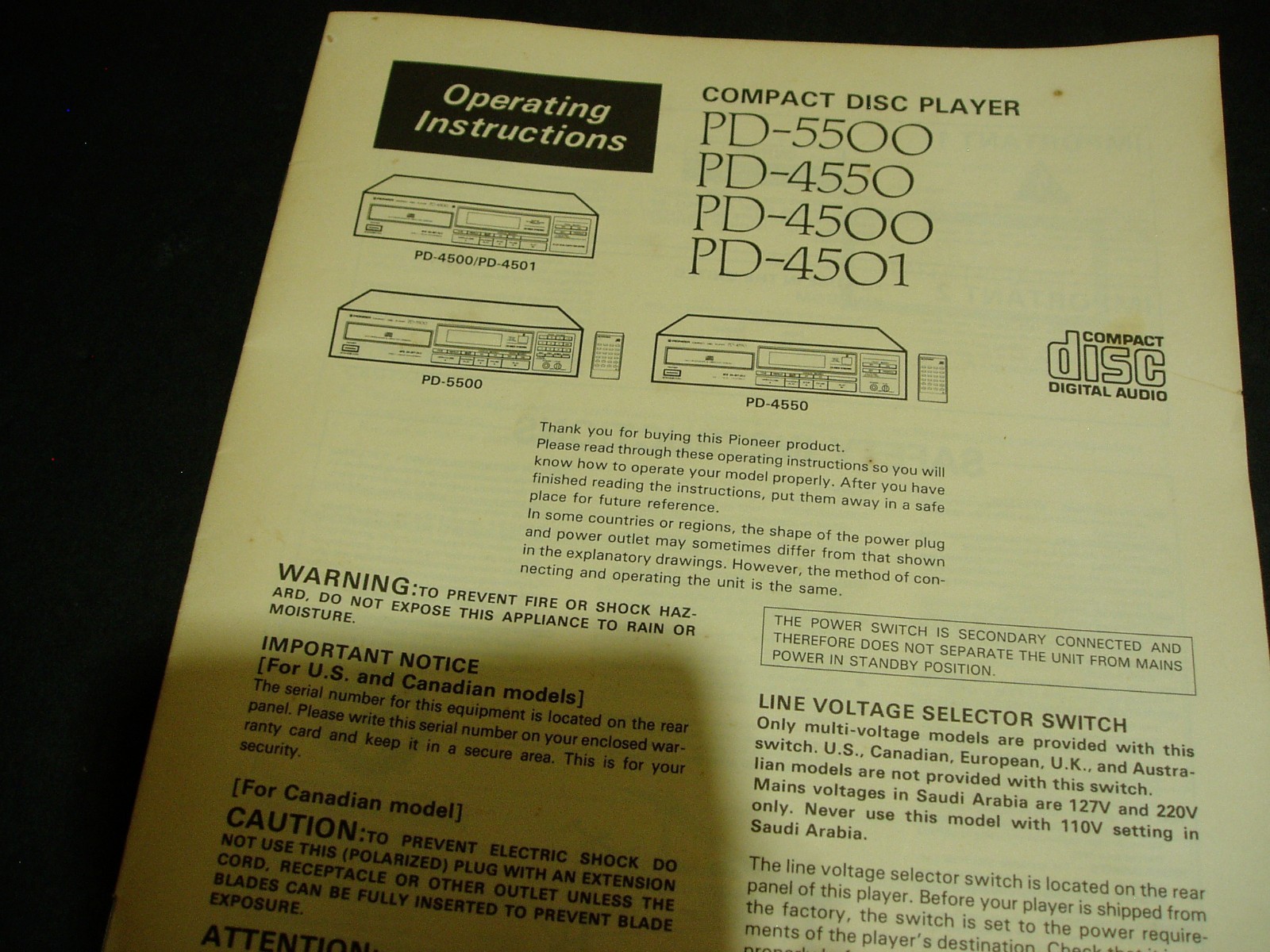 PIONEER CD Player PD-5500|PD-4550|PD-4500|PD-4501  Operating Instructions Manual