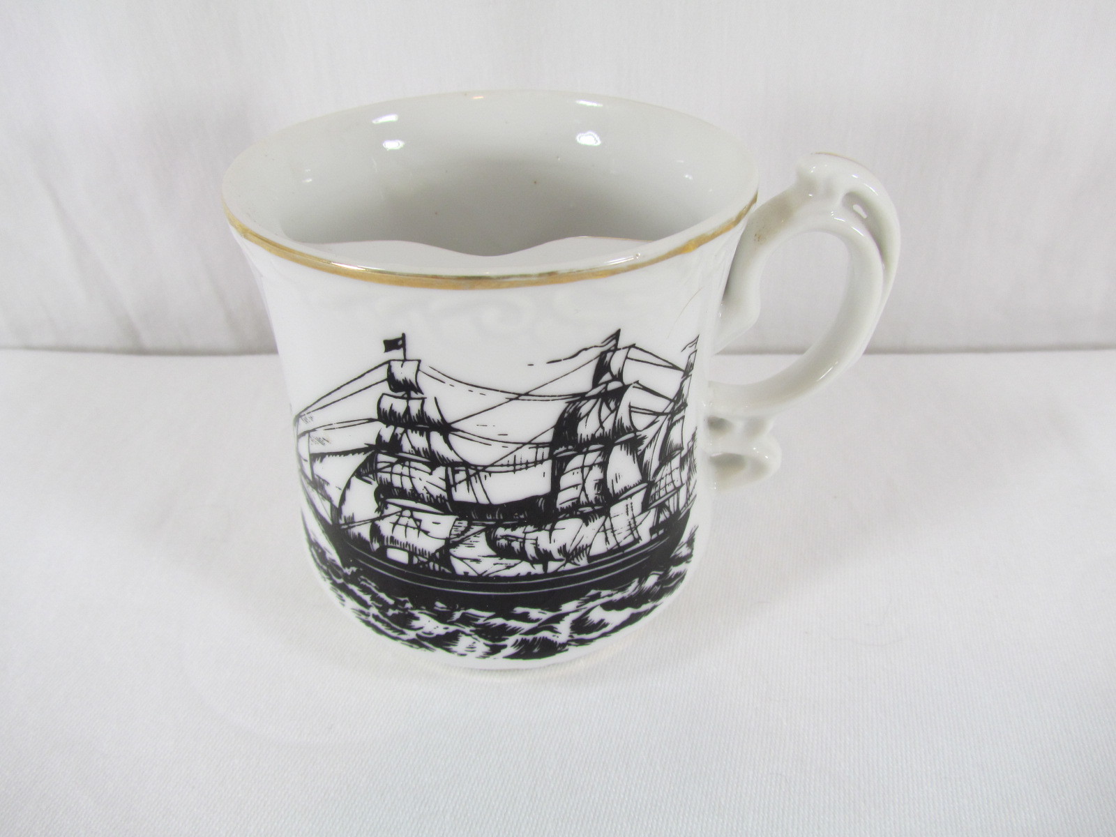 Vintage Mustache Cup Sailing Ship Full Sails Gold Trim Facial Hair Nautical Mug