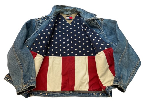 Vintage 90s Tommy Hilfiger Jean Jacket Mens Large Big Patch Logo Blue Denim  Flag