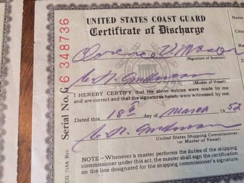 7 1951 U.S. Coast Guard Certificate of Discharge Merchant Seaman Steam Vessels