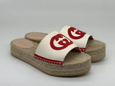 Pre-owned Gucci Pilar Gg Canvas Espadrille Slide Mule Sandal Flat Platform Shoes $580 In White, Red