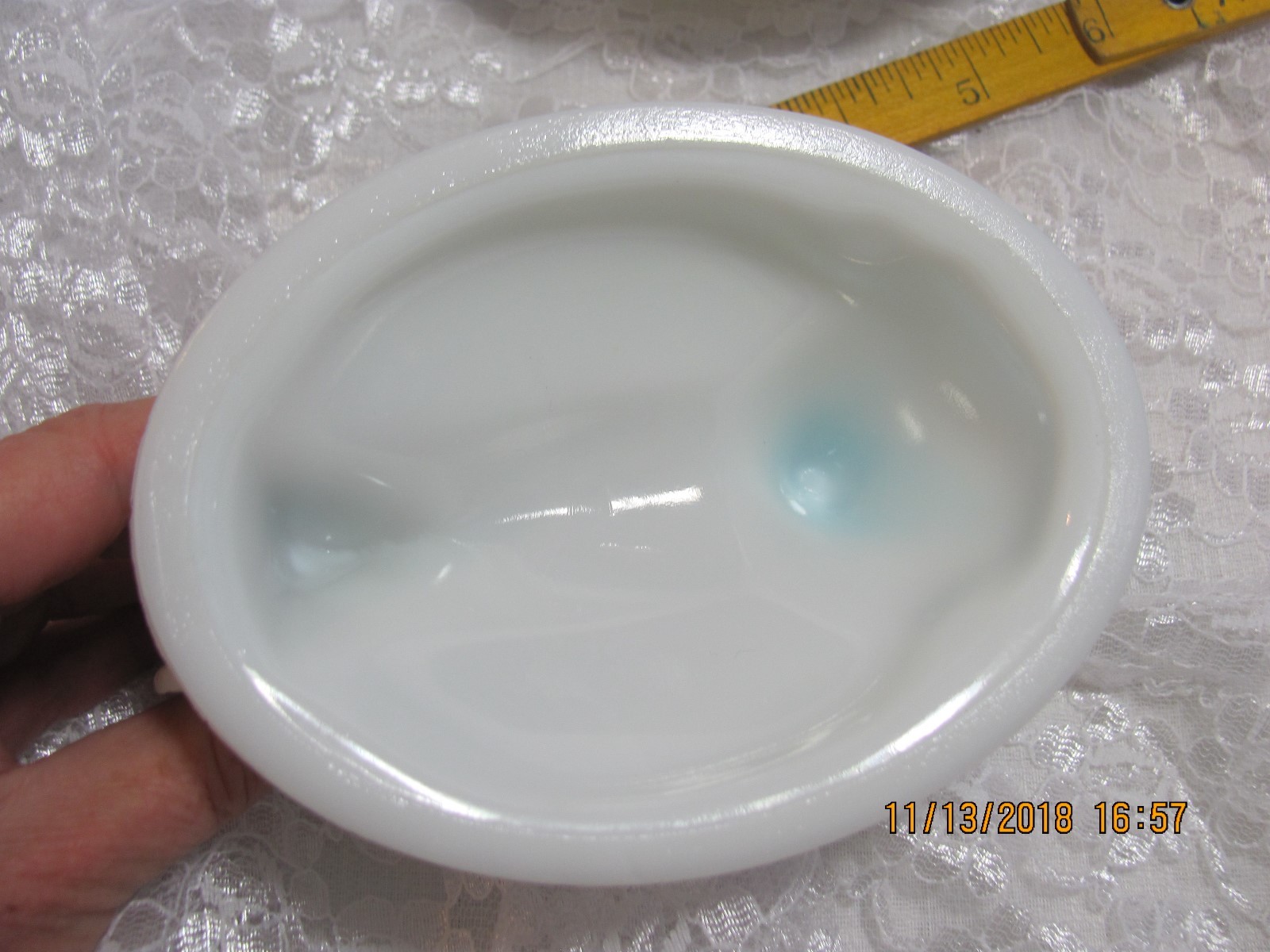 Vintage Westmoreland Hen On Nest Milk Slag Glass with Blue Head Dish #4