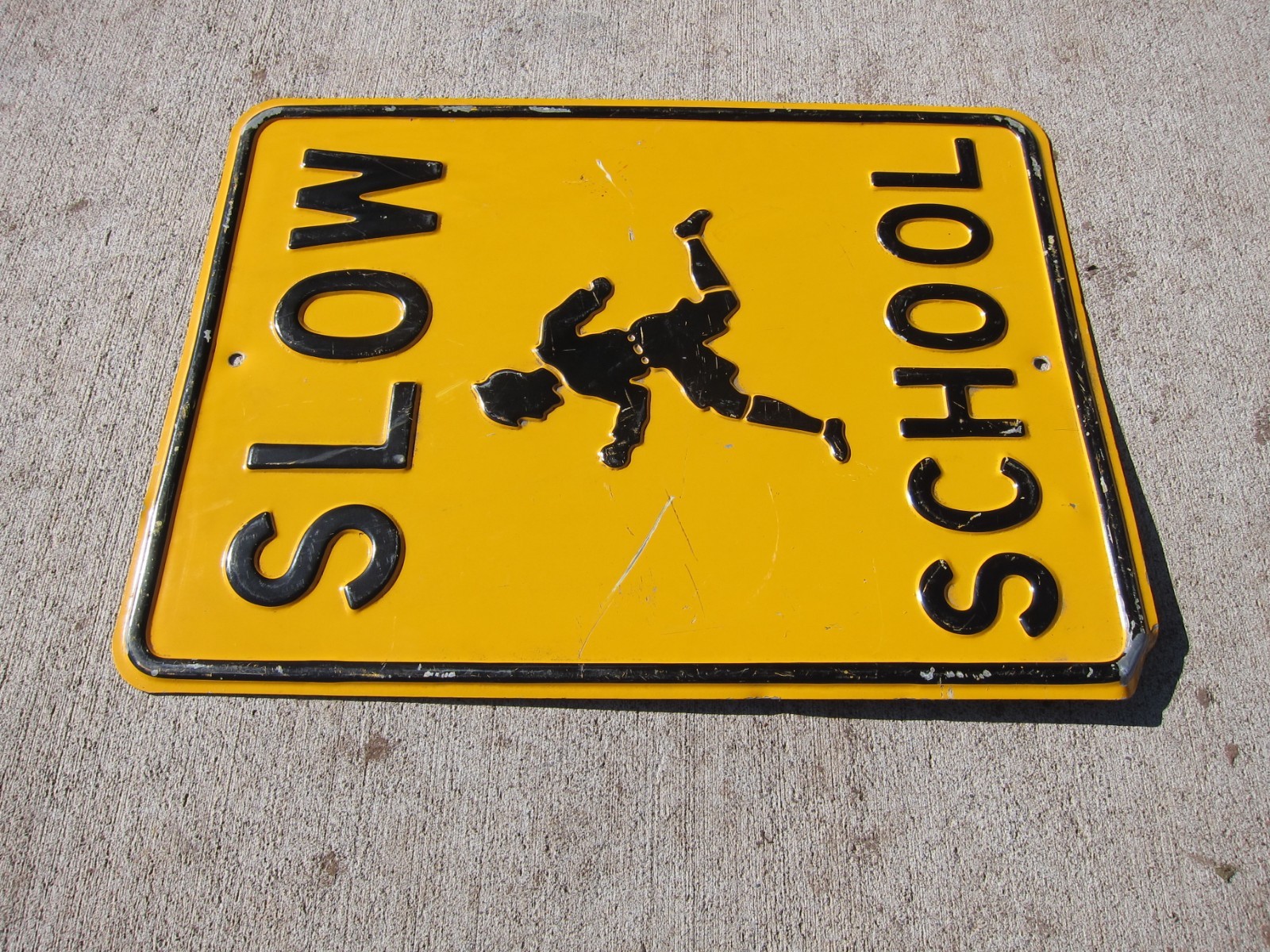 VINTAGE ORIGINAL SLOW SCHOOL EMBOSSED STEEL TIN SIGN STREET ROAD CHILDREN 1950'S