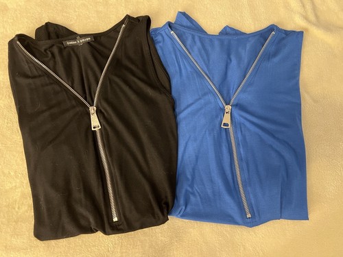 Lot Of 2 Cable & Gauge Women's Zip Up Sleeveless Tops 1-Blue