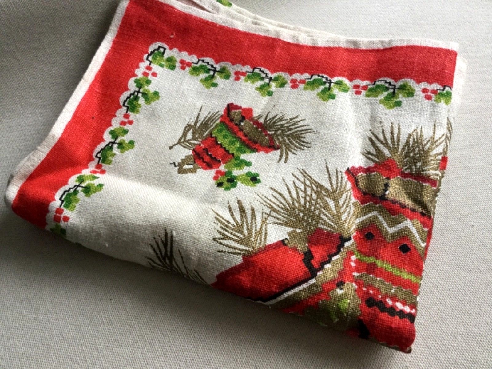 Vintage Christmas Linen Tea Towel - Bells, Wreaths, Candy Canes - 28