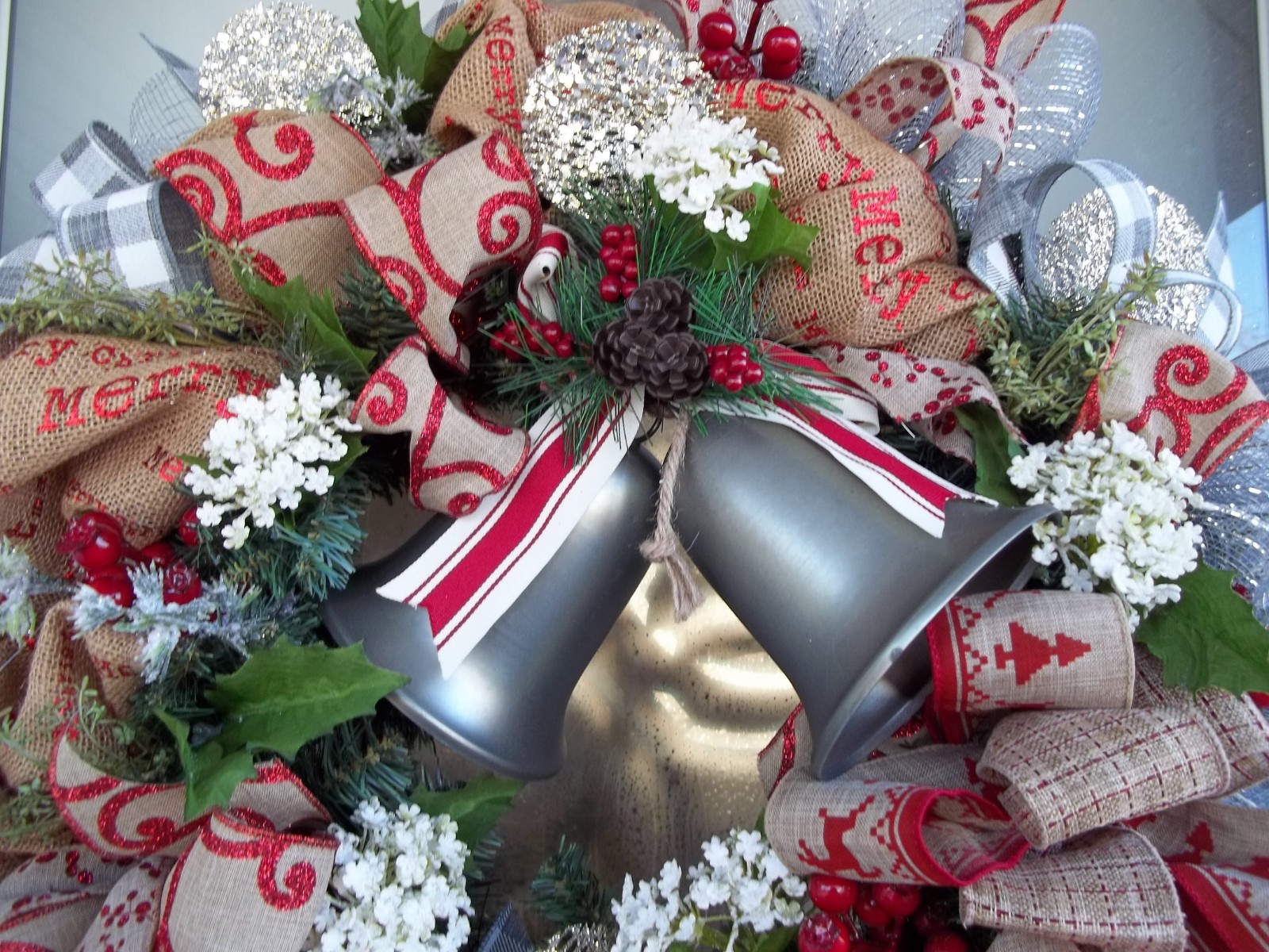 PEWTER BELLS~SILVER~BURLAP~ WREATH~BOW~RIBBONS~MESH~FROSTED FLOWERS~GREENERY
