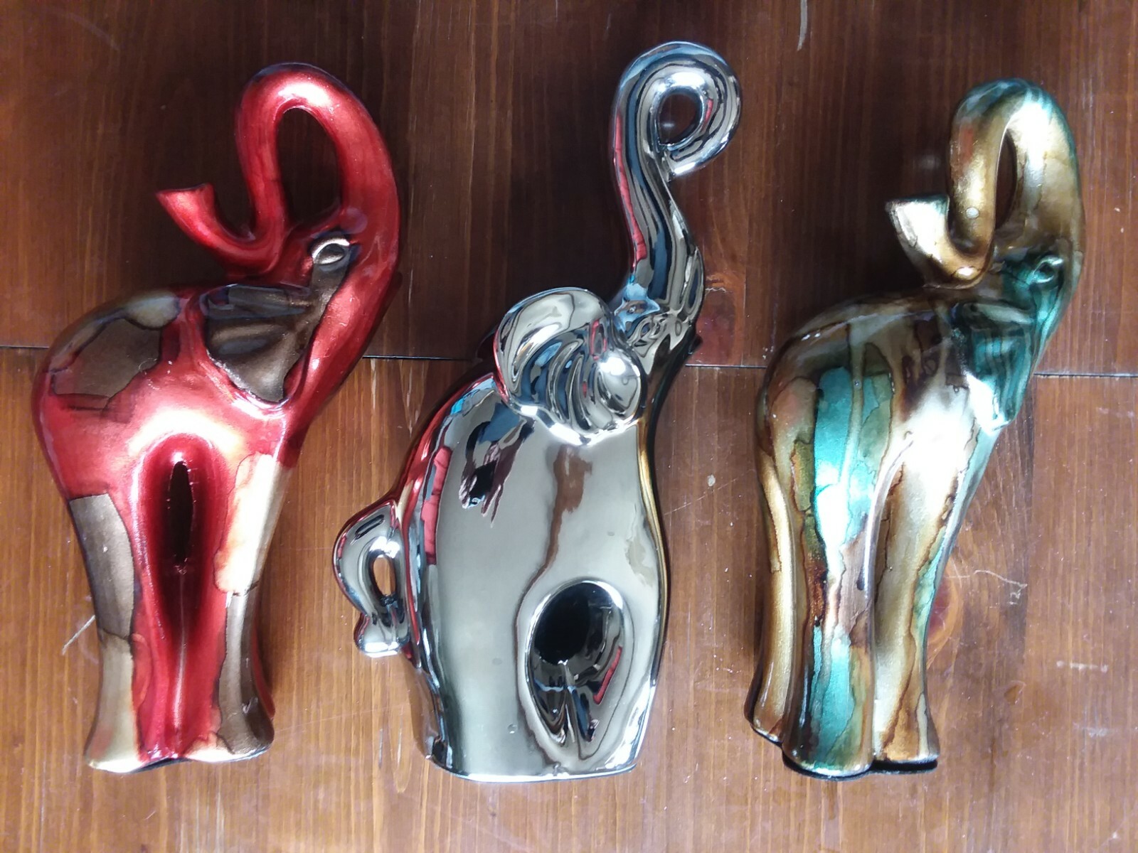 COLORFUL TRIO SET HAPPY ELEPHANTS> CERAMIC PORCELAIN ART>  13 INCHES TALL