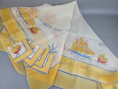 RARE! Vtg Normandie Ships Tablecloth 6 Napkins Yellow White Blue Sheer