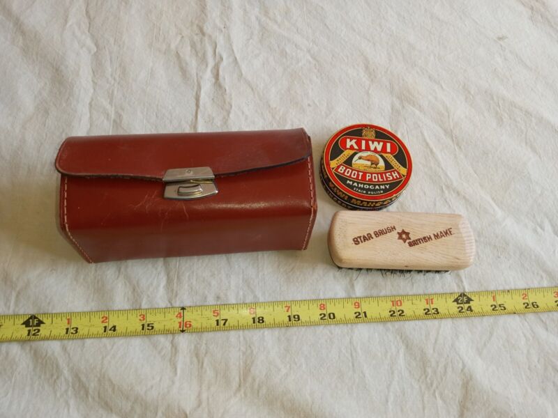 Vintage Shoe Shine Travel Kit Made In England Leather Case with Brush & tin.