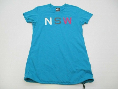 NIKE Women's Size M NSW Logo Longline Drawstring Blue Cotton Tee Shirt