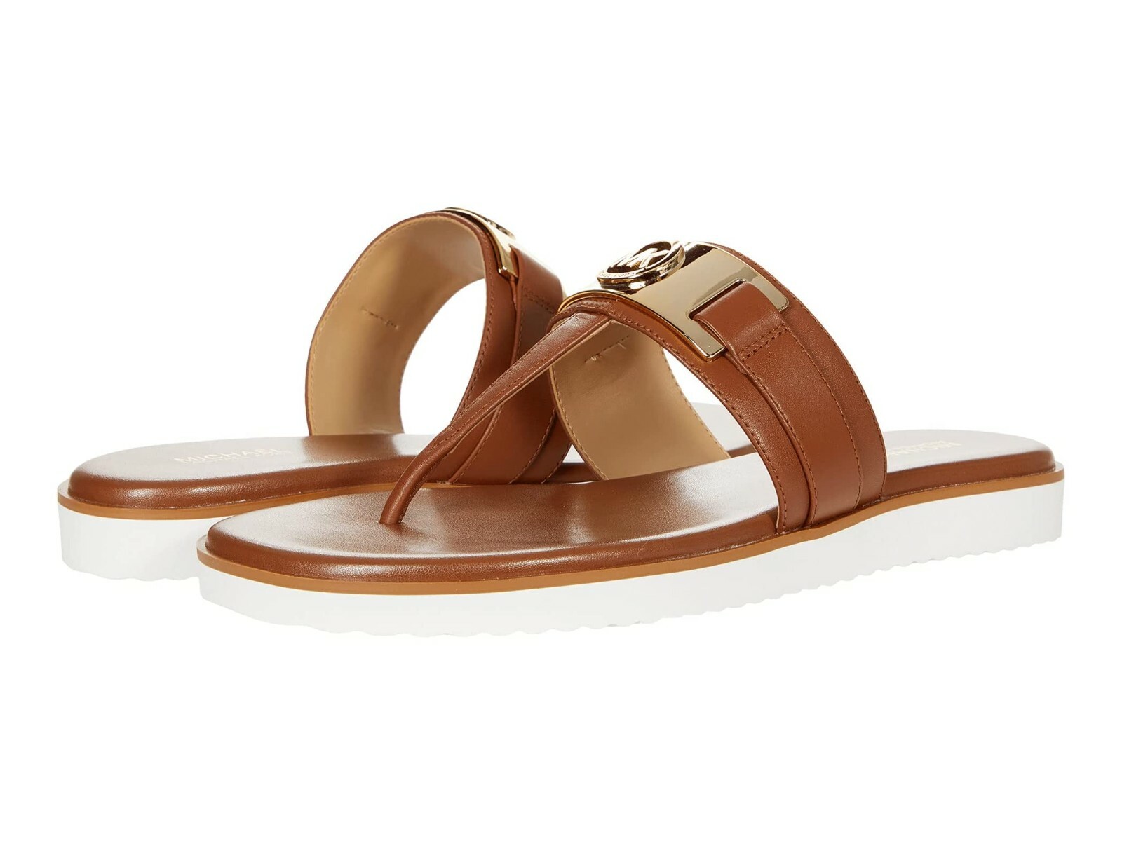 Michael Kors Briar Thong Flat Sandals Luggage Real Leather Gold Logo Sz  9,9.5,10 | eBay