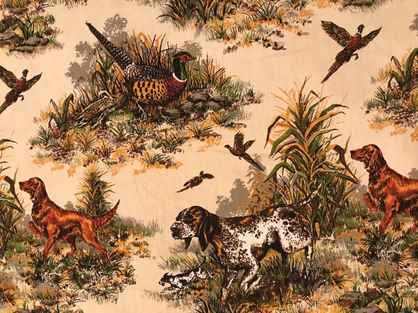 Fabric Hunting Pheasant Bird Dogs Setter Lodge 1978 7 Yd available BTY