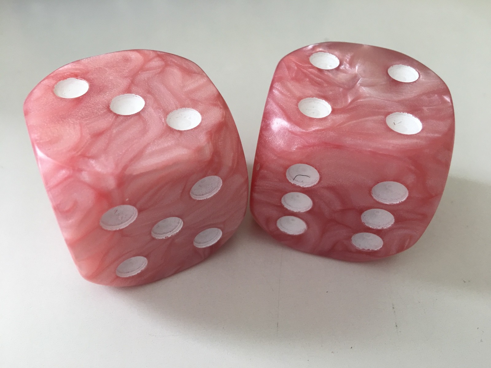 2 36mm Jumbo Large D6 Dice Pink Pearl with White Pips High Quality D & D RPG