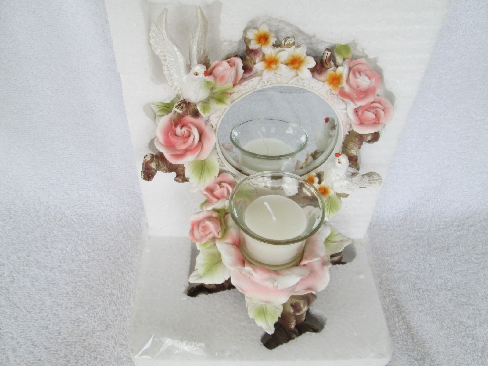 ELEGANT=[TMD DESIGNS #31255] TREE TRUNK+ FLOWERS+BIRDS+MIRROR CANDLE HOLDER