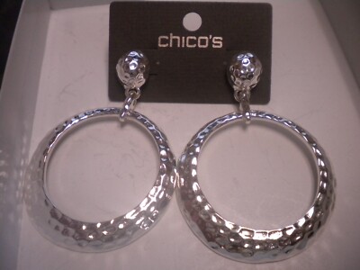 CHICO'S HOOP DANGLE EARRINGS   (( PIERCED )) BEAUTIFUL SILVER TONE 1 3/4 ROUND