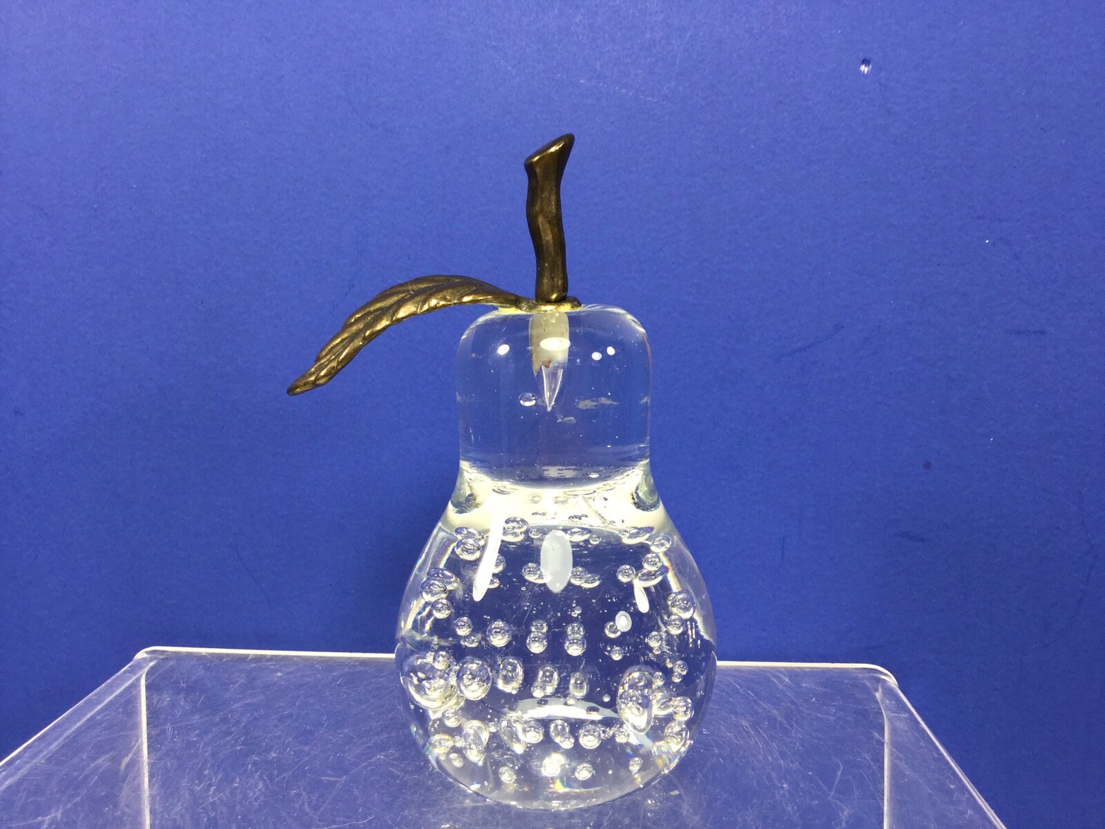 Vintage, Clear Glass Paperweight w/ Bubbles and a Brass Leaf w/ Stem on Top