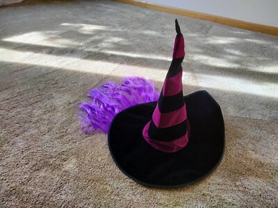 Witches Hat with Attached Purple Hair Halloween Adult Size