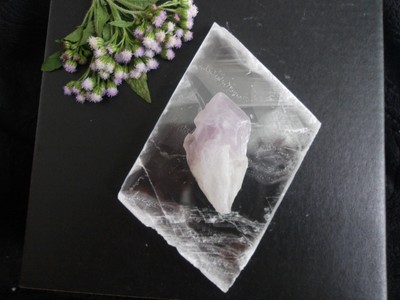 Rare White dragon tooth amethyst 25g paired with clear selenite 101g - point #6