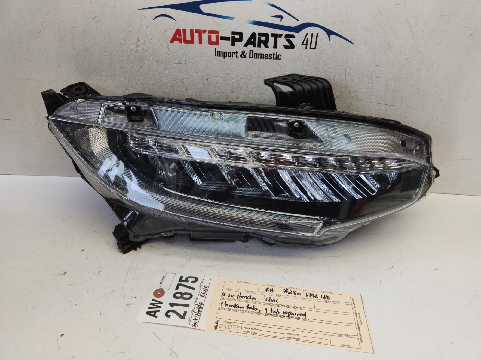 1 broken tab 2016-2020 HONDA CIVIC SPORT RIGHT LED HEADLIGHT