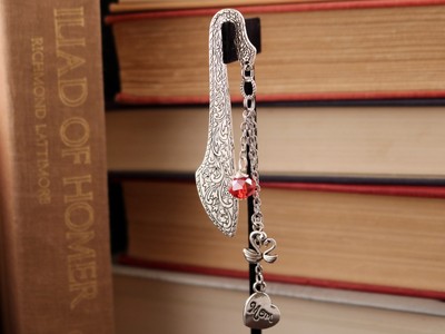 Love to Mom Tibetan Silver Bookmark & Charms Two Swans, Mom Heart. and Swarovski