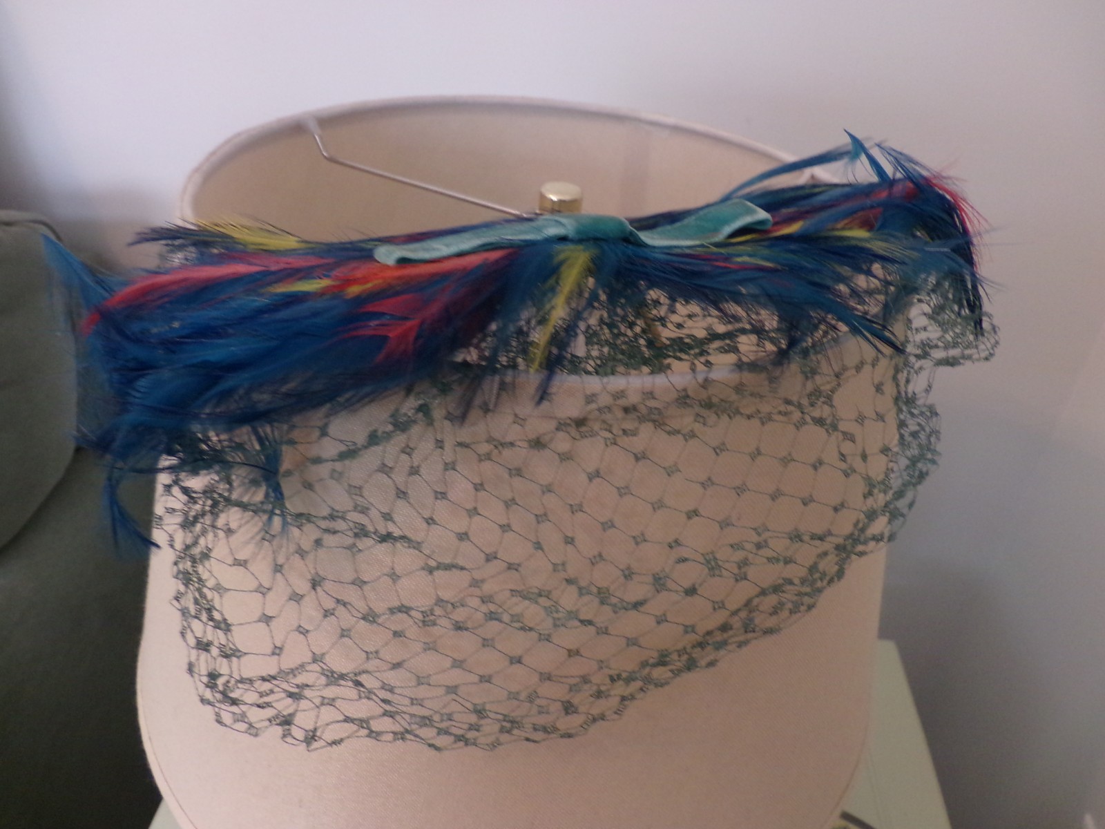 Vintage Ladies Hat Feather Hat with face netting, Union Made
