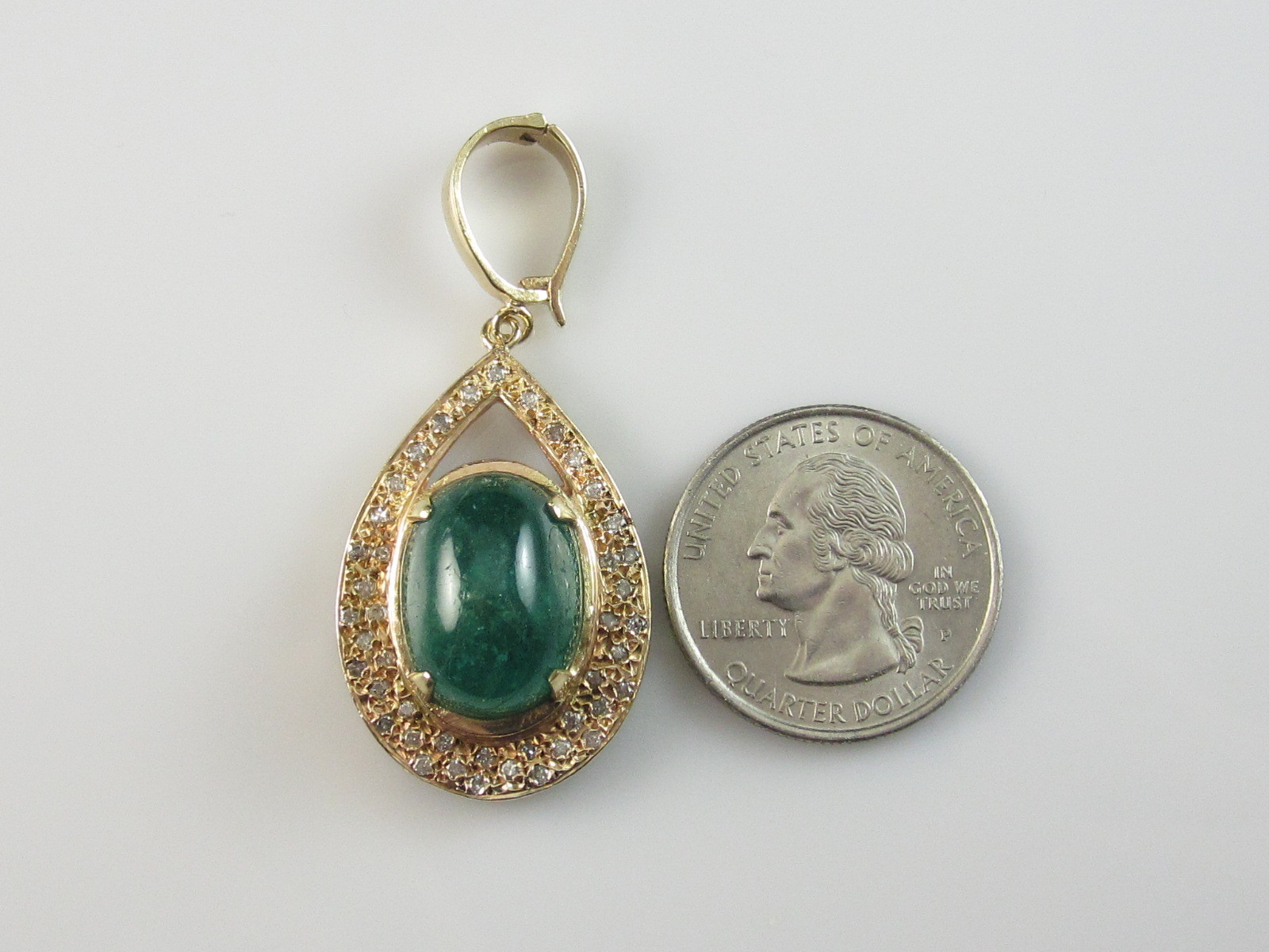 14K Emerald Diamond Pendant Cabochon 15.50tw Fine Jewelry Green Custom Hand Made