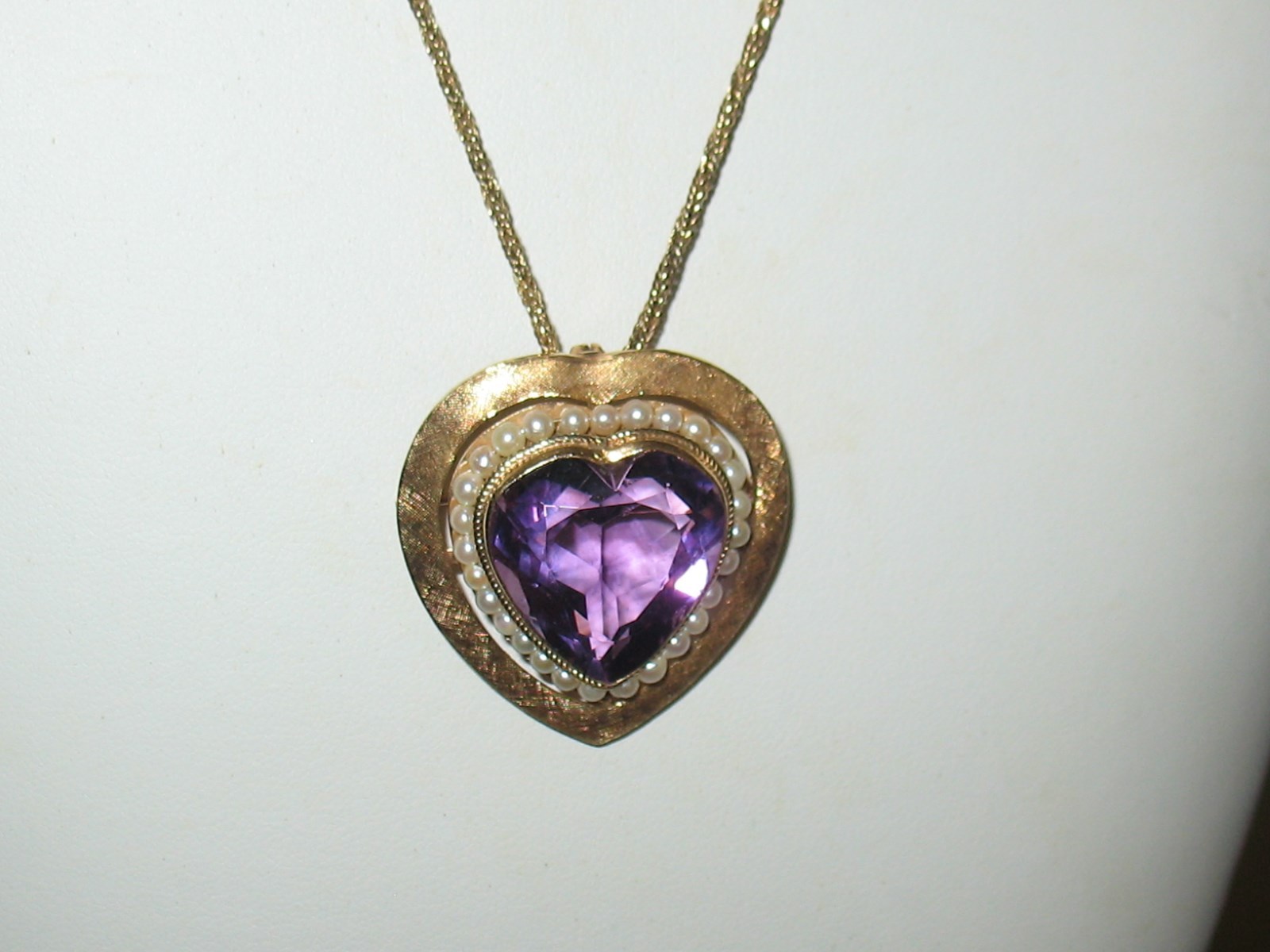 Beautiful 14K Gold Amethyst & Pearl Large Heart Brooch / Pendant with 24